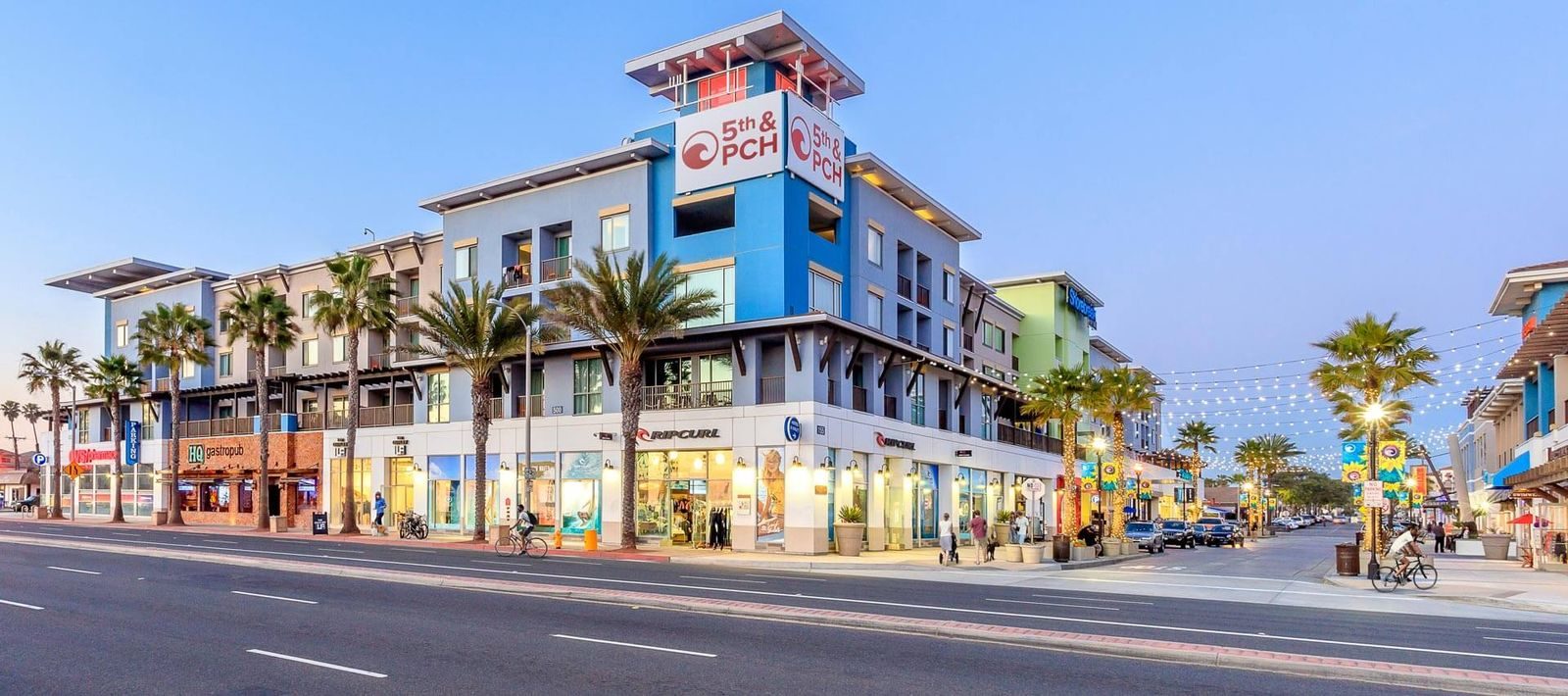 The 5th and PCH complex in downtown Huntington Beach. The district budget for fiscal 2026-27 projects $1,044,500 in revenue, with about $115,000 from business assessments.