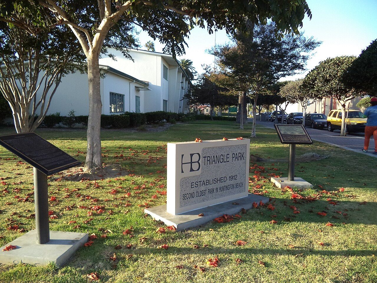 Triangle Park in downtown Huntington Beach. The City Council holds a public hearing October 6 on the district annual report and Resolution No. 2026-26.