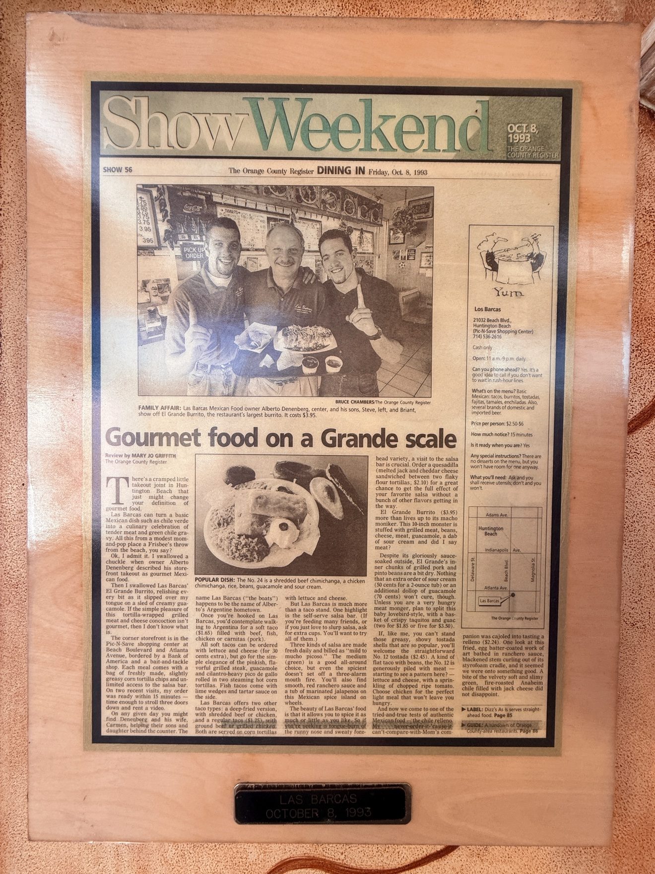 A framed Orange County Register review from Oct. 8, 1993, "Gourmet food on a Grande scale," still hanging on the wall at Las Barcas. Yesterday marked 33 years since the review ran.