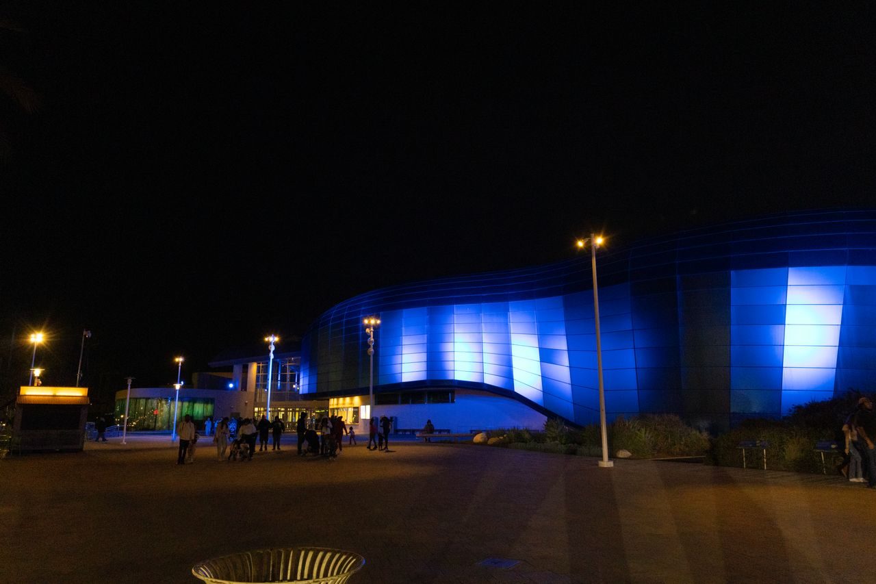 The Aquarium of the Pacific in Long Beach at night. Between 100 and 200 eggs from the two nests were moved there on September 25 for incubation ahead of forecast storm surf.