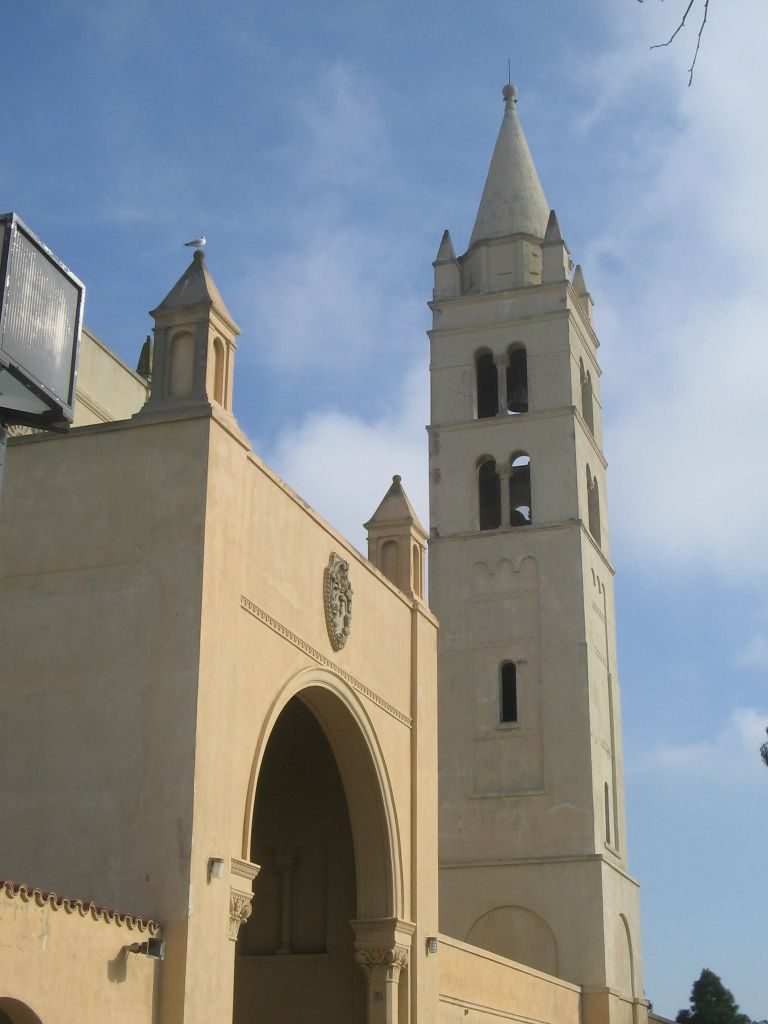 The bell tower at Huntington Beach High School. School attendance areas do not follow city limits.